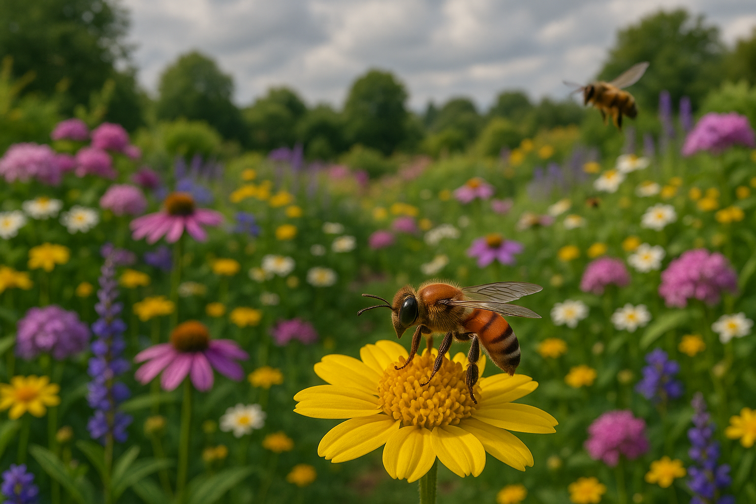 Abeille naine rouge butinant dans un jardin florissant, représentant l'impact sur l'écosystème européen..