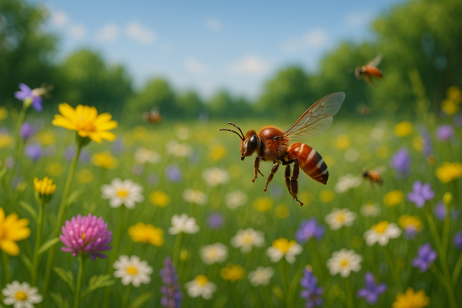 Scène d'une prairie florissante avec des abeilles pollinisant des fleurs sous un ciel ensoleillé, illustrant l'impact de l'abeille naine rouge sur l'écosystème.