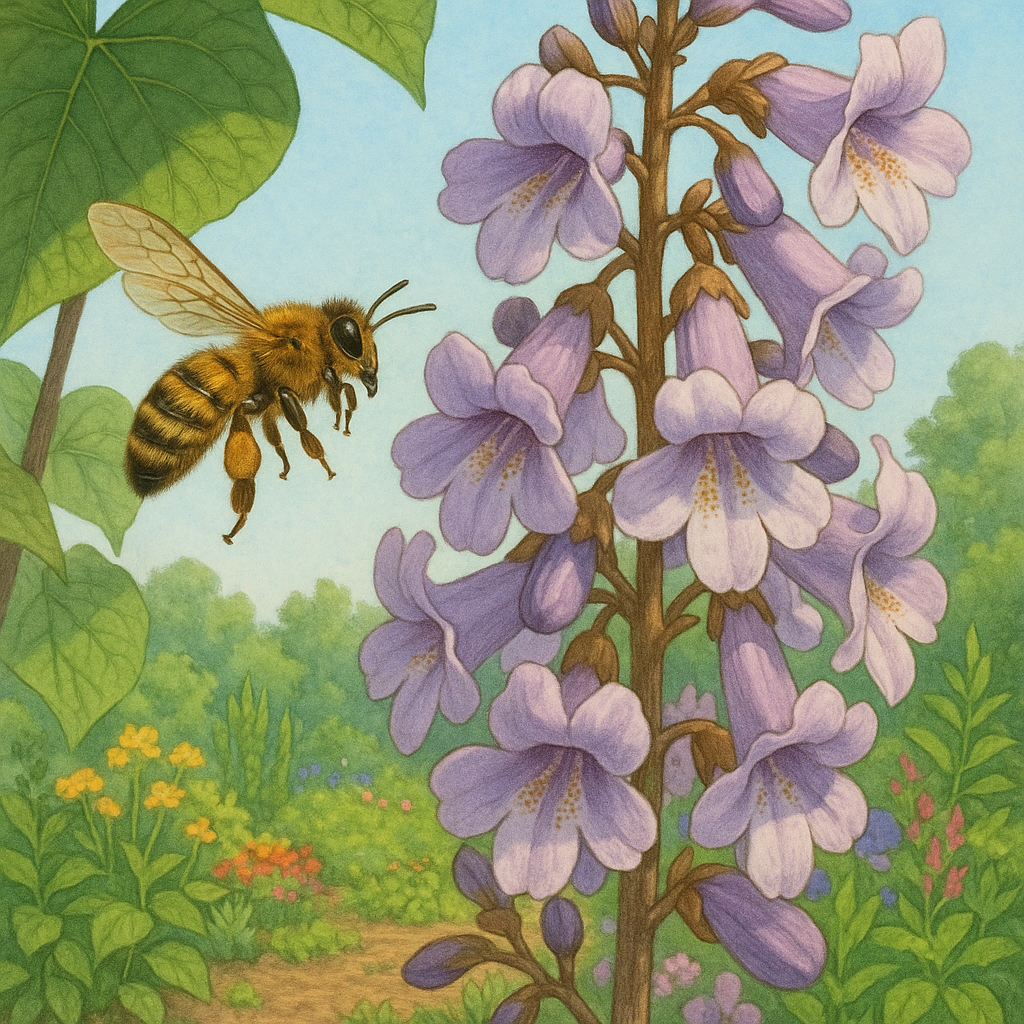 Une abeille butinant des fleurs mauves et blanches d'un arbre de Paulownia dans un jardin éco-responsable.