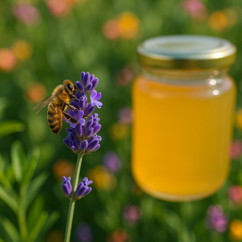 Une abeille butinant sur une fleur de lavande avec un pot de miel monofloral à côté.