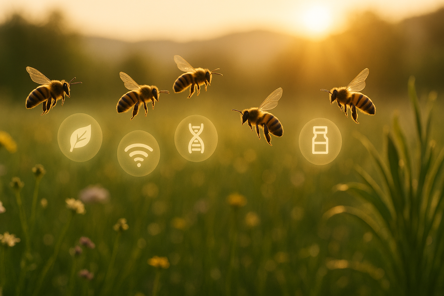 Cinq innovations 2025 symbolisées autour des abeilles