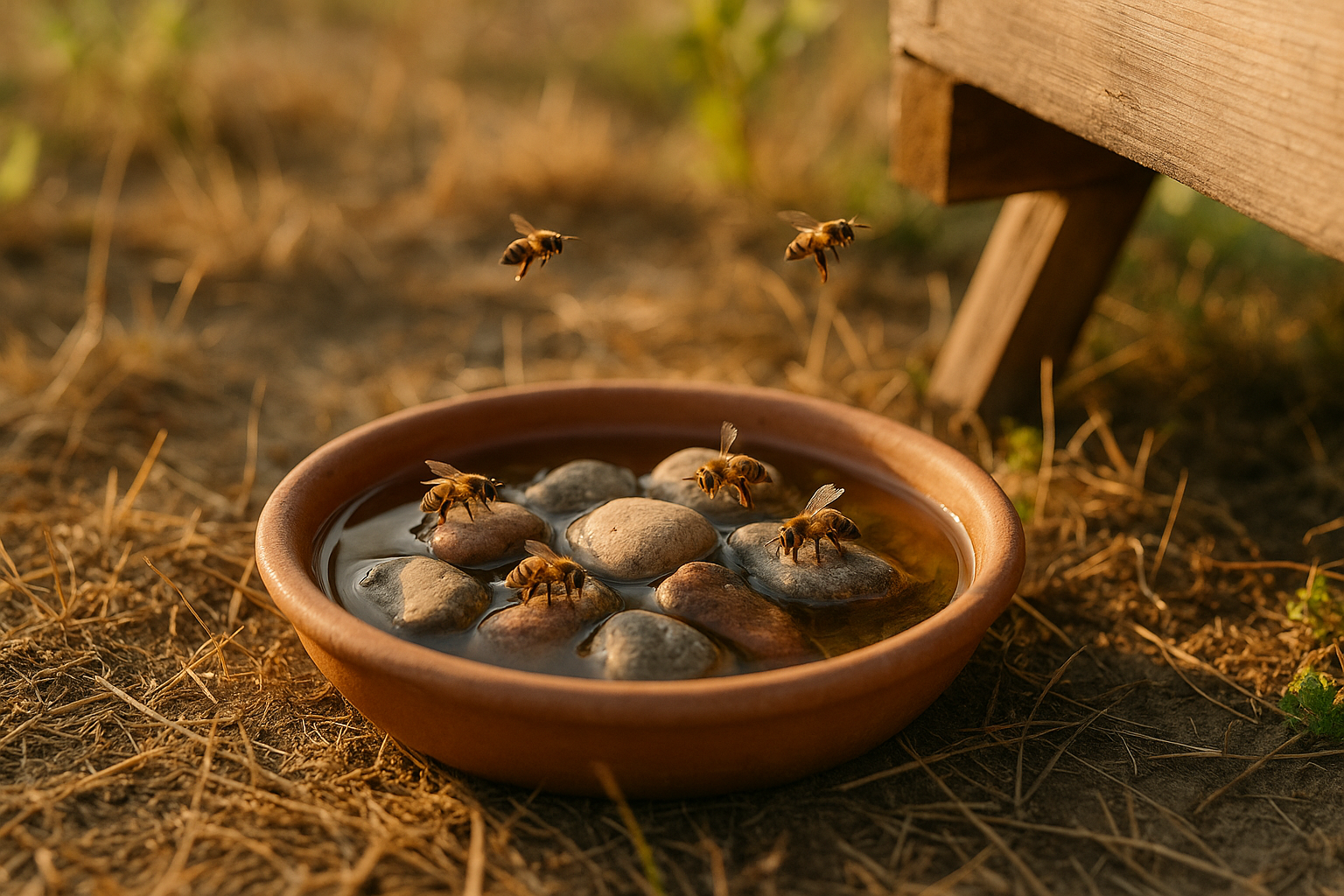 Abreuvoir artisanal pour abeilles avec pierres et eau fraîche près de la ruche