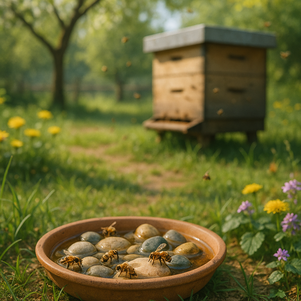 Un abreuvoir pour abeilles à proximité d'une ruche dans un jardin.