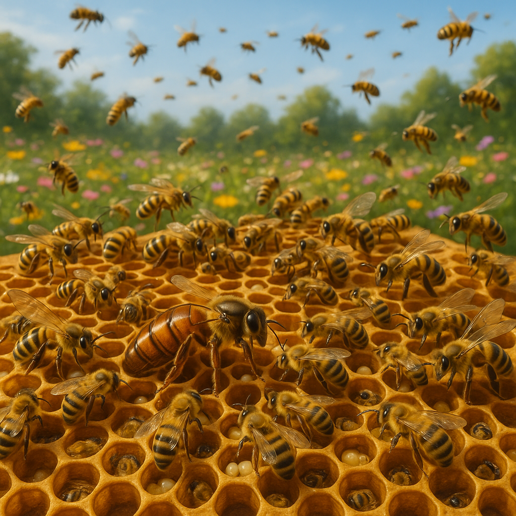 Scène d'une ruche d'abeilles avec la reine abeille au centre, entourée par des abeilles ouvrières et des fleurs.