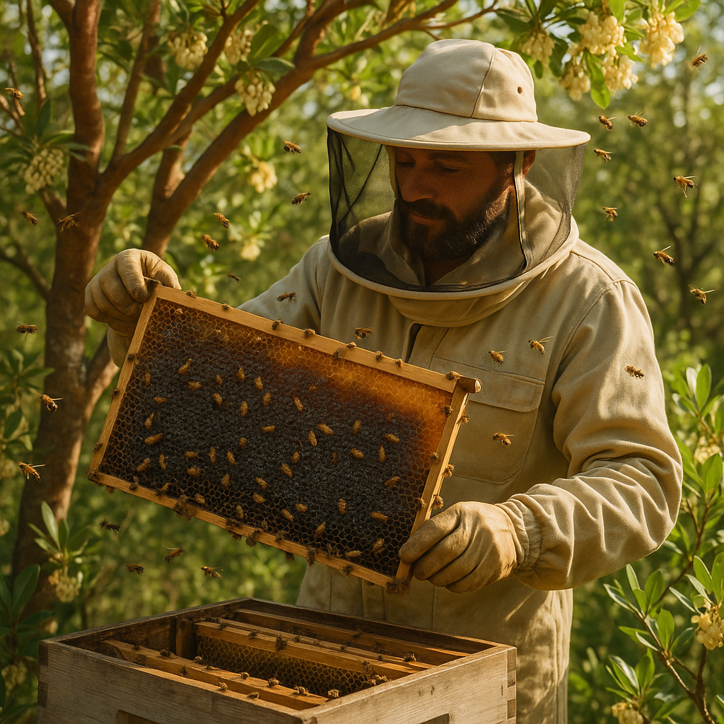 Apiculteur en tenue de protection tenant des cadres de miel d'arbousier dans une ruche en pleine nature.