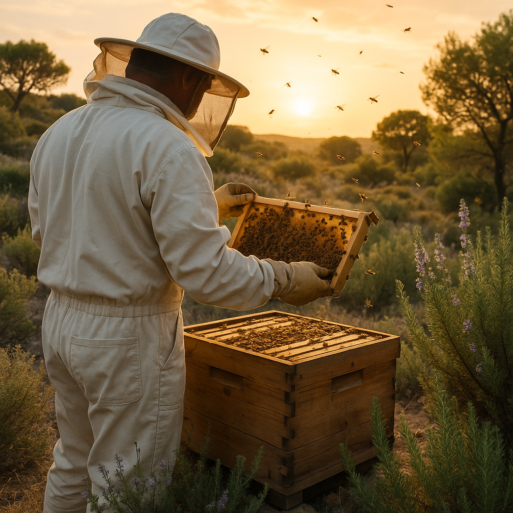 Un apiculteur en combinaison de protection inspecte une ruche entourée de plantes aromatiques en garrigue.