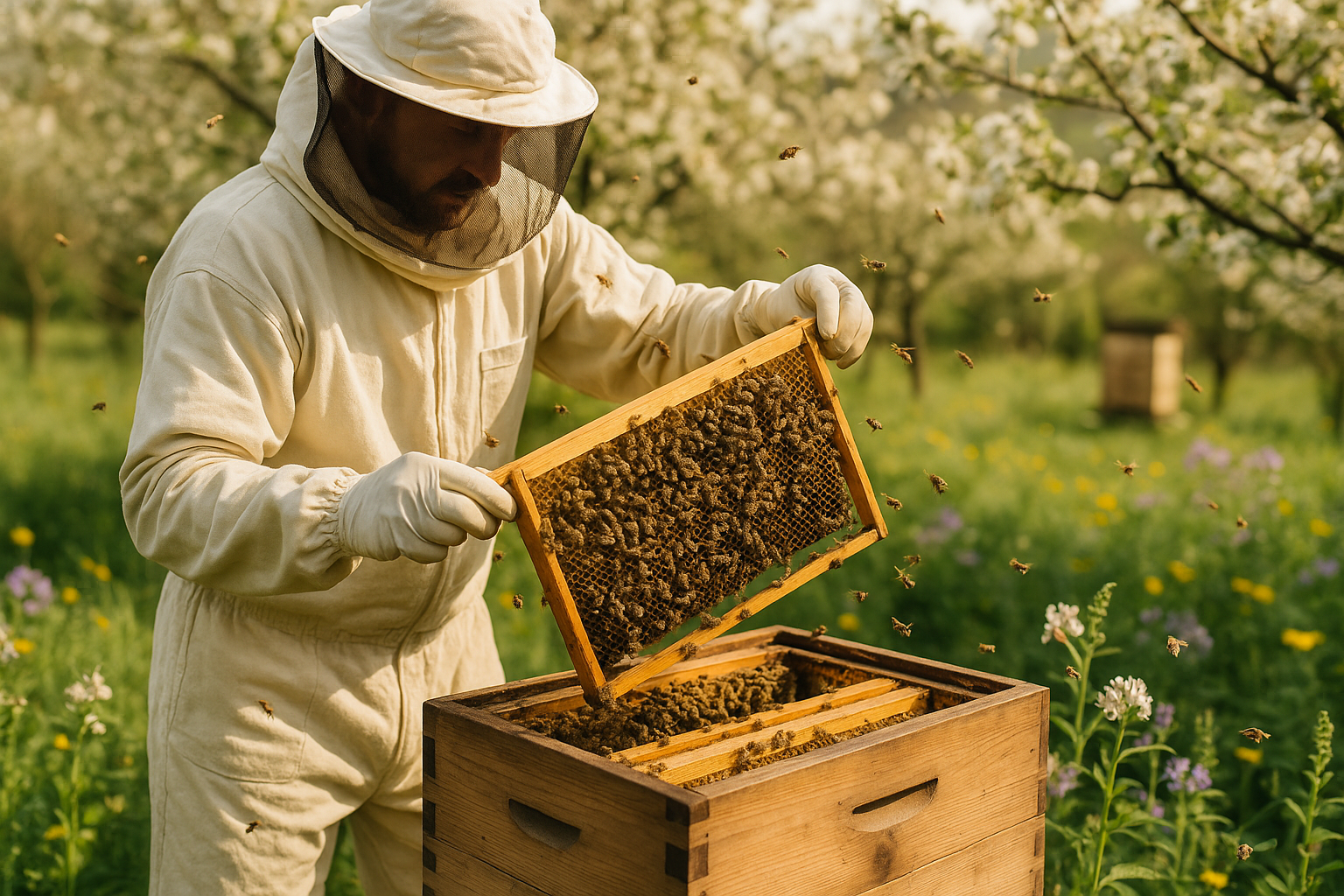 Apiculteur observant une ruche active au printemps