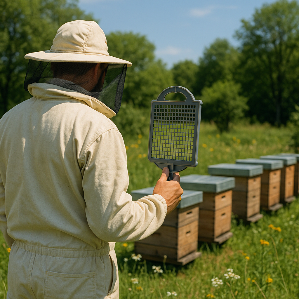 Un apiculteur protège ses ruches avec une grille anti-frelons dans un environnement de verdure.