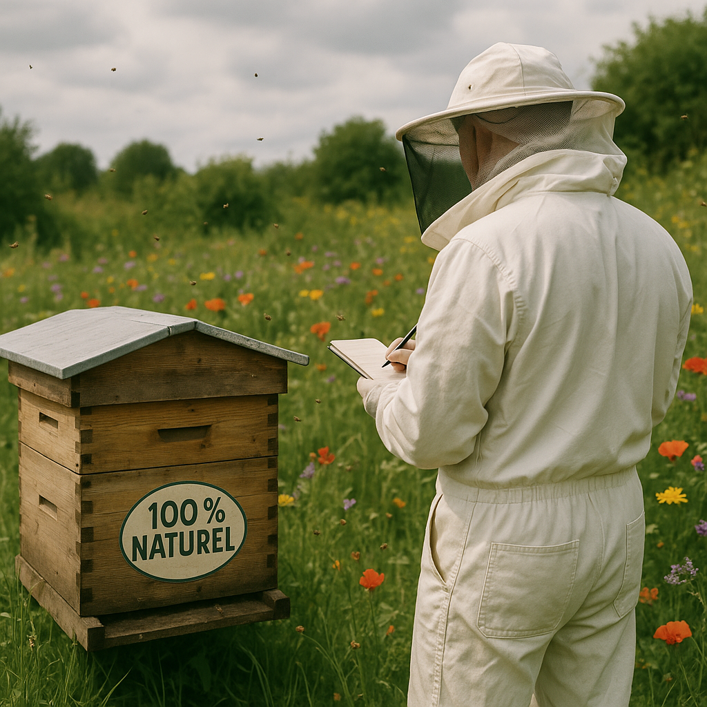 Apiculteur observant ses ruches dans un champ fleuri, une illustration des enjeux de la biodiversité et de l'apiculture.