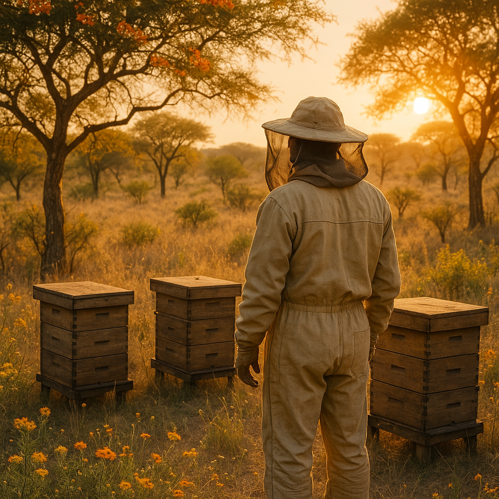 Apiculteur récoltant du miel de savane en milieu naturel.