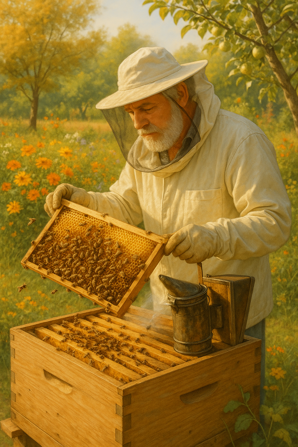 Apiculteur inspectant les réserves de miel d'une ruche en septembre.