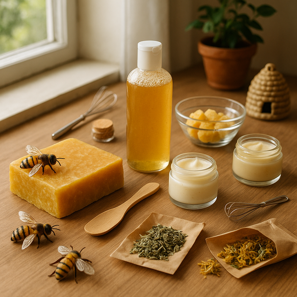 Atelier de cosmétique naturelle avec des pots de cosmétiques maison à base de cire d'abeille sur une table en bois.