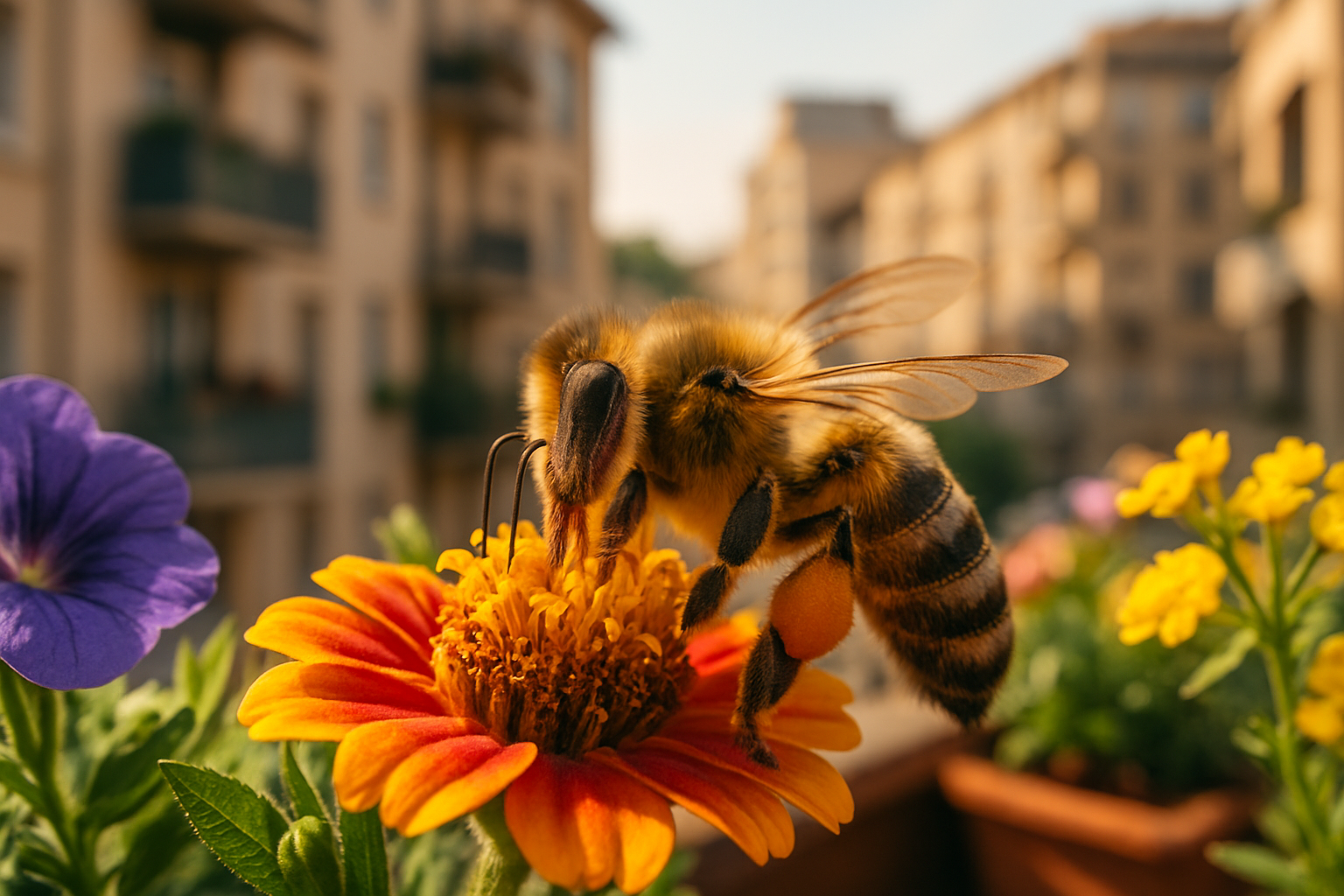Abeille butinant des fleurs sur un balcon urbain