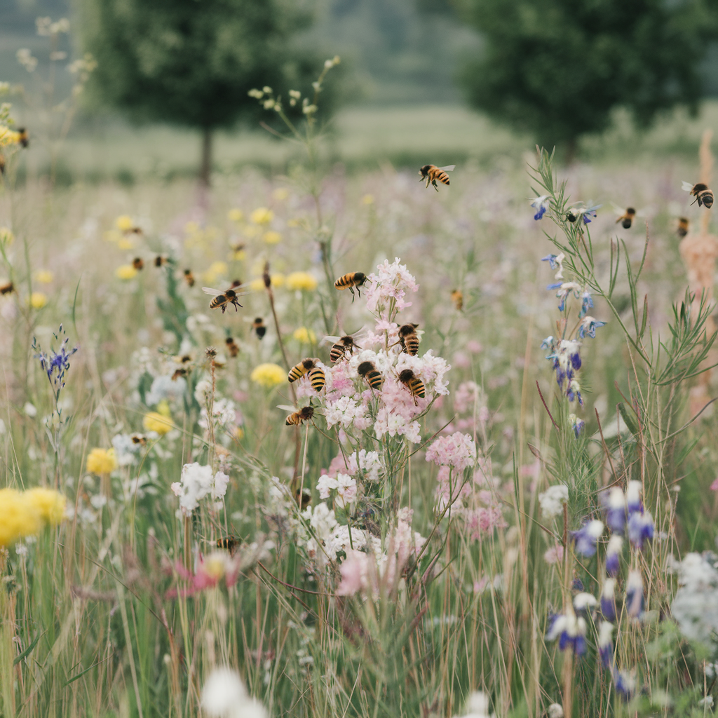 Diverses races d'abeilles butinant des fleurs