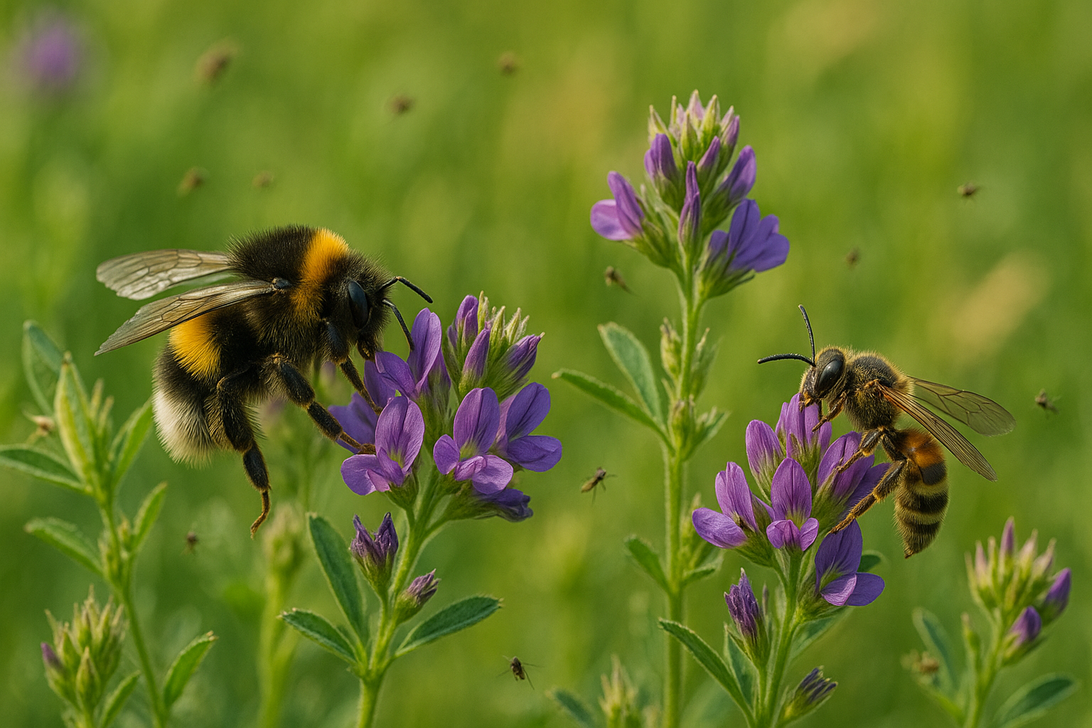 Pollinisateurs divers autour des fleurs de luzerne