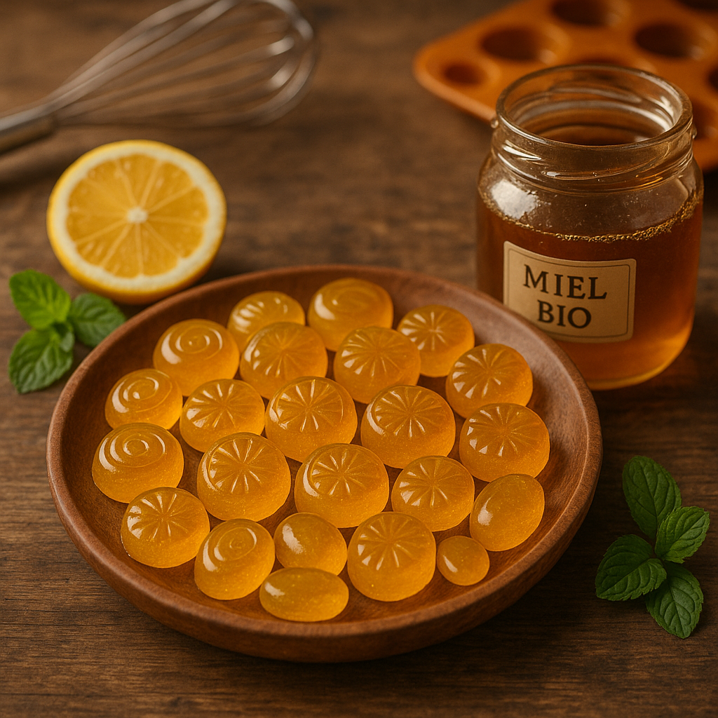 Assiette de bonbons au miel faits maison avec des ingrédients naturels en arrière-plan.