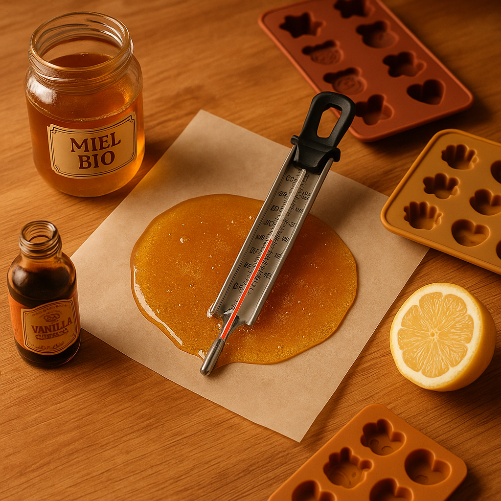 Scène de préparation de bonbons au miel sur un plan de travail en bois avec des ingrédients naturels.