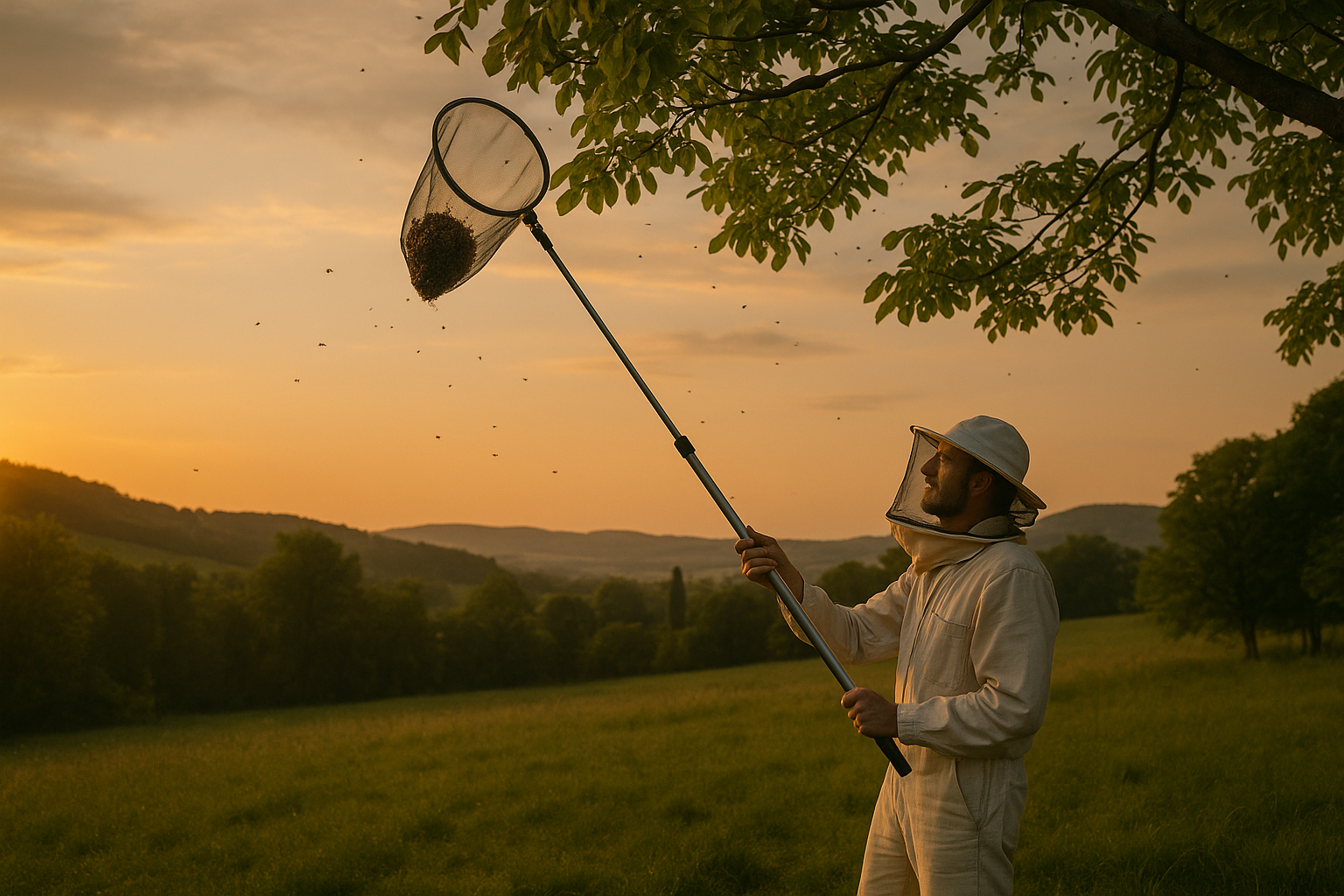 Apiculteur récupérant un essaim en hauteur avec une perche cueille-essaim