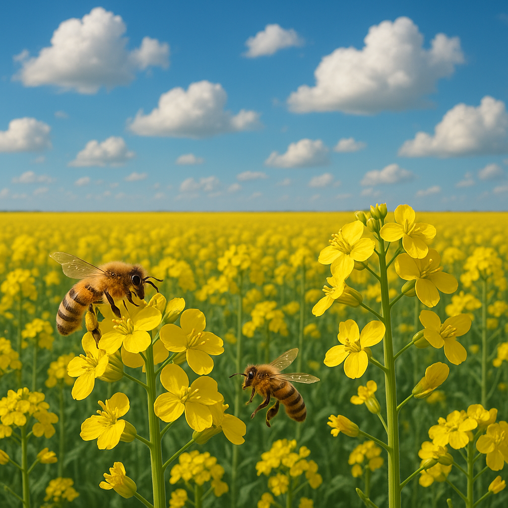 Champ de colza en fleurs avec des abeilles butinant, représentant la source du miel de colza.