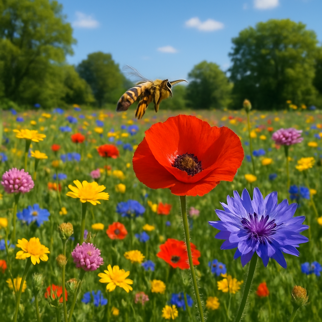 Champ de fleurs sauvages avec une abeille, illustrant la biodiversité pour la production de miel polyfloral.