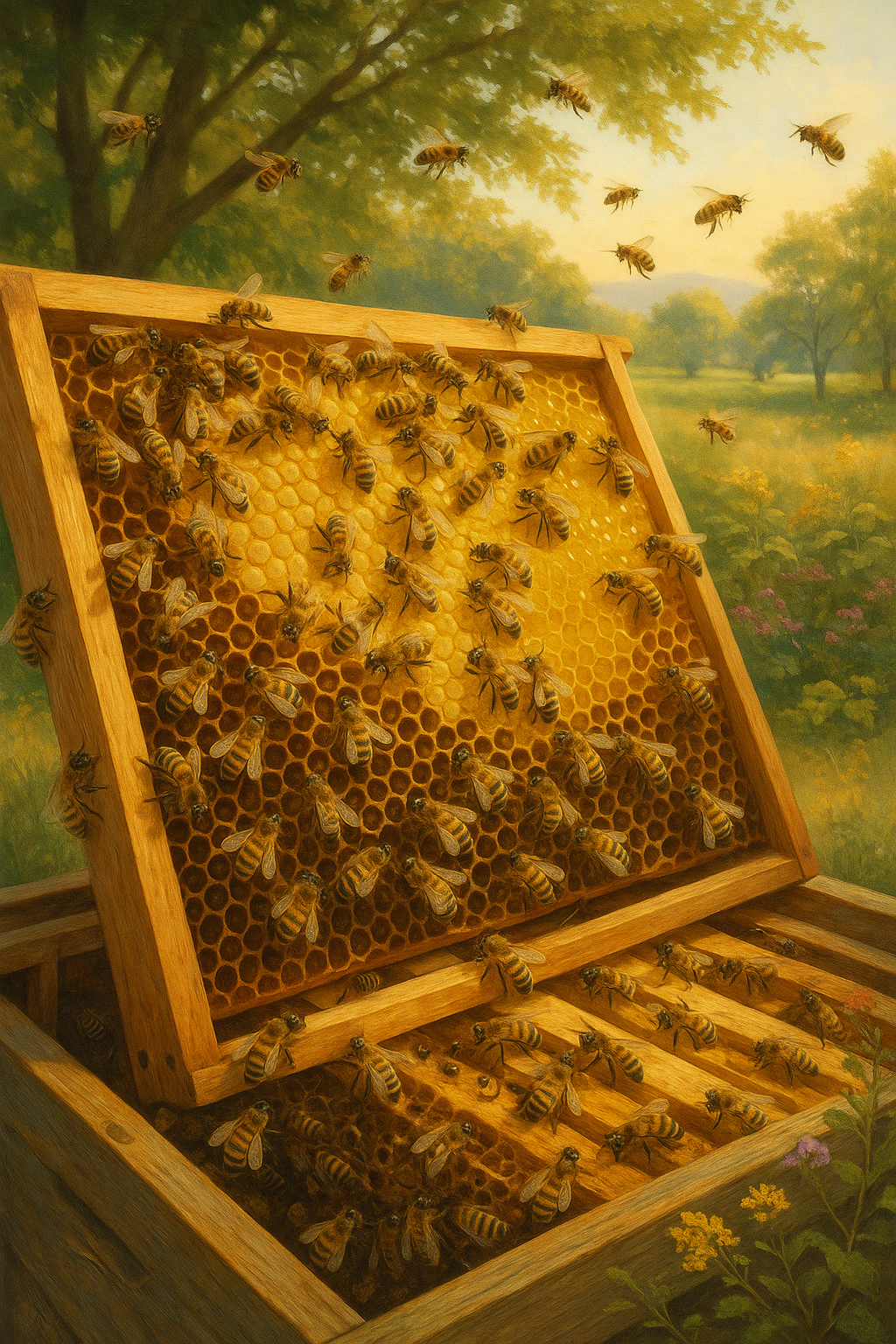 Colonie d'abeilles s'occupant du couvain et des réserves de miel en septembre.