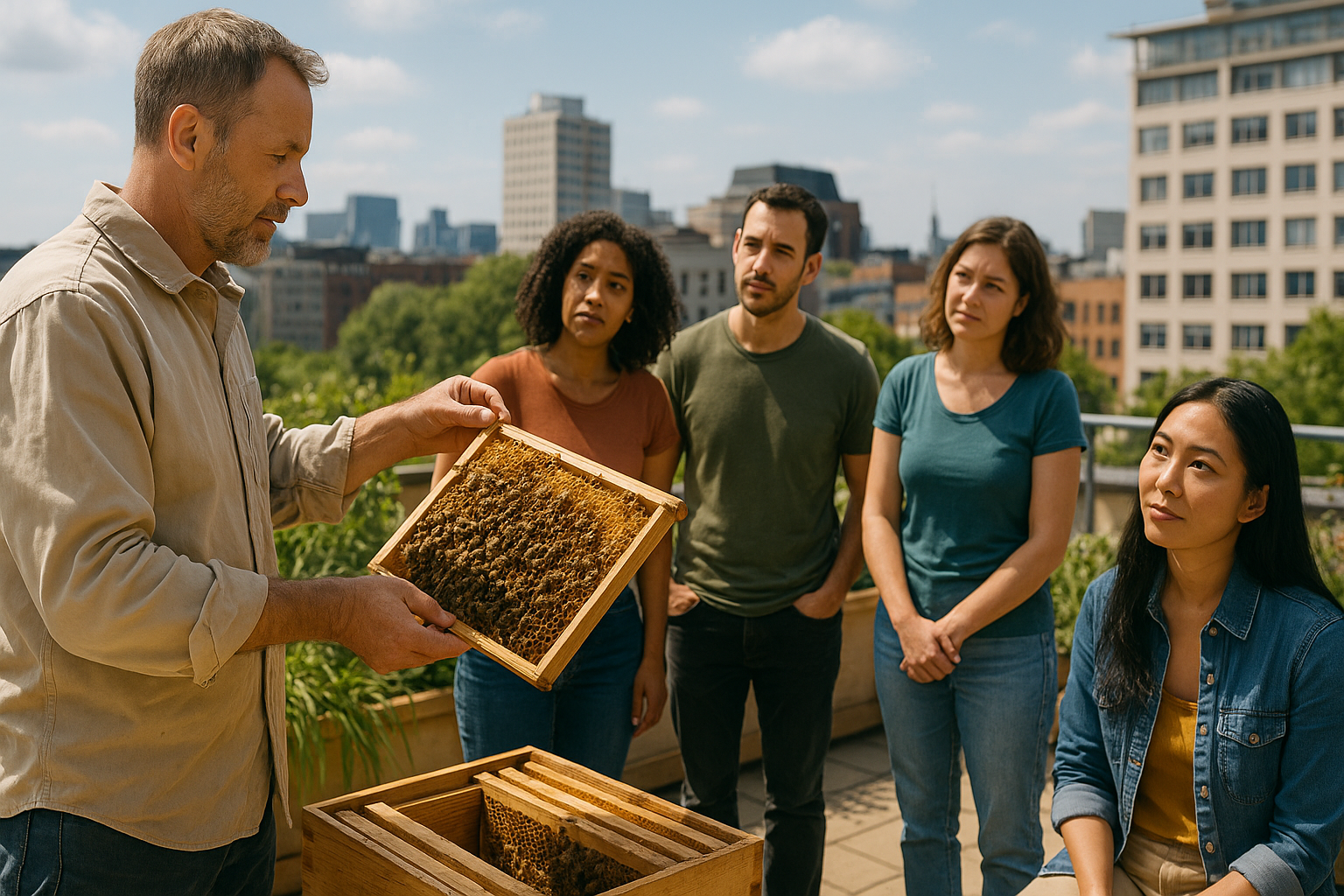 Atelier d'initiation à l'apiculture urbaine sur une terrasse