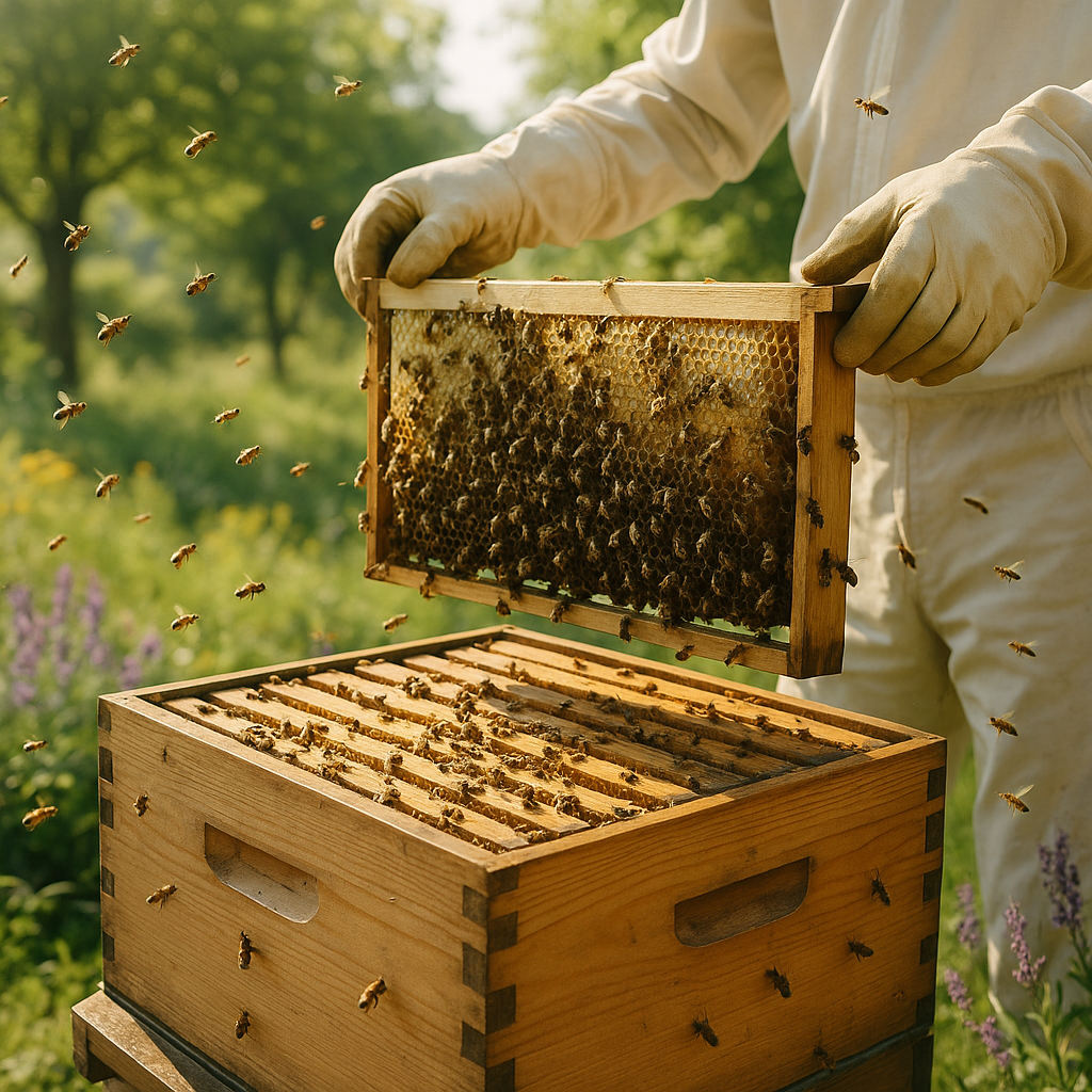 Inspection d'une hausse remplie de miel en cours d'operculation