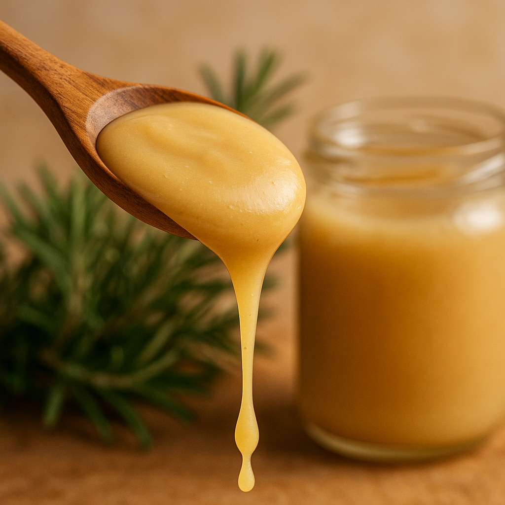 Cuillère en bois avec du miel de romarin en gros plan, entourée de romarin frais.