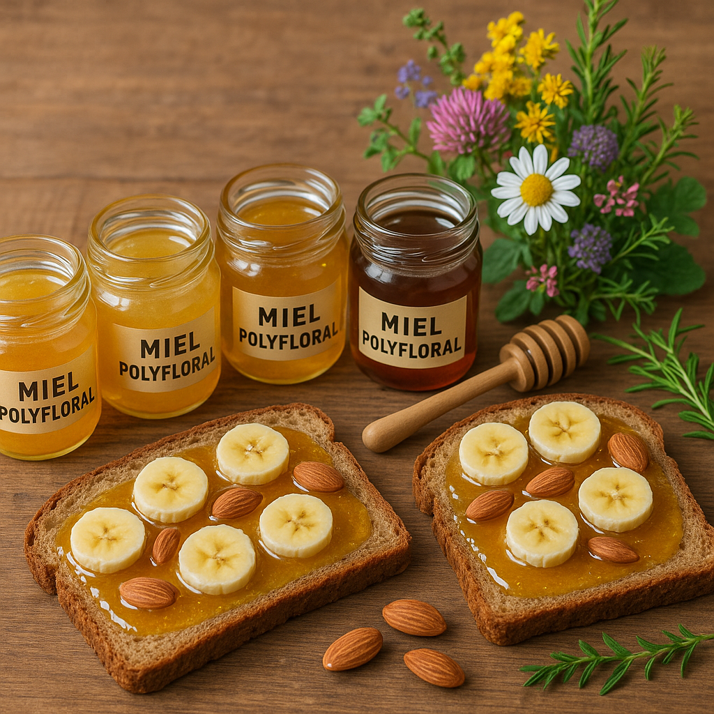 Assortiment de miels polyfloraux avec du pain garnie sur une table en bois, représentant la diversité des saveurs.