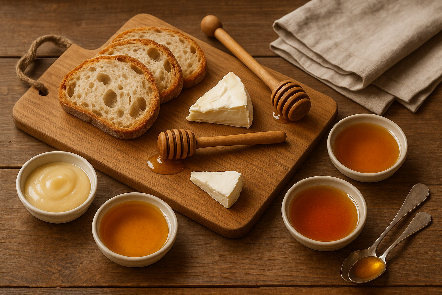 Dégustation de miels rares avec pain et fromage