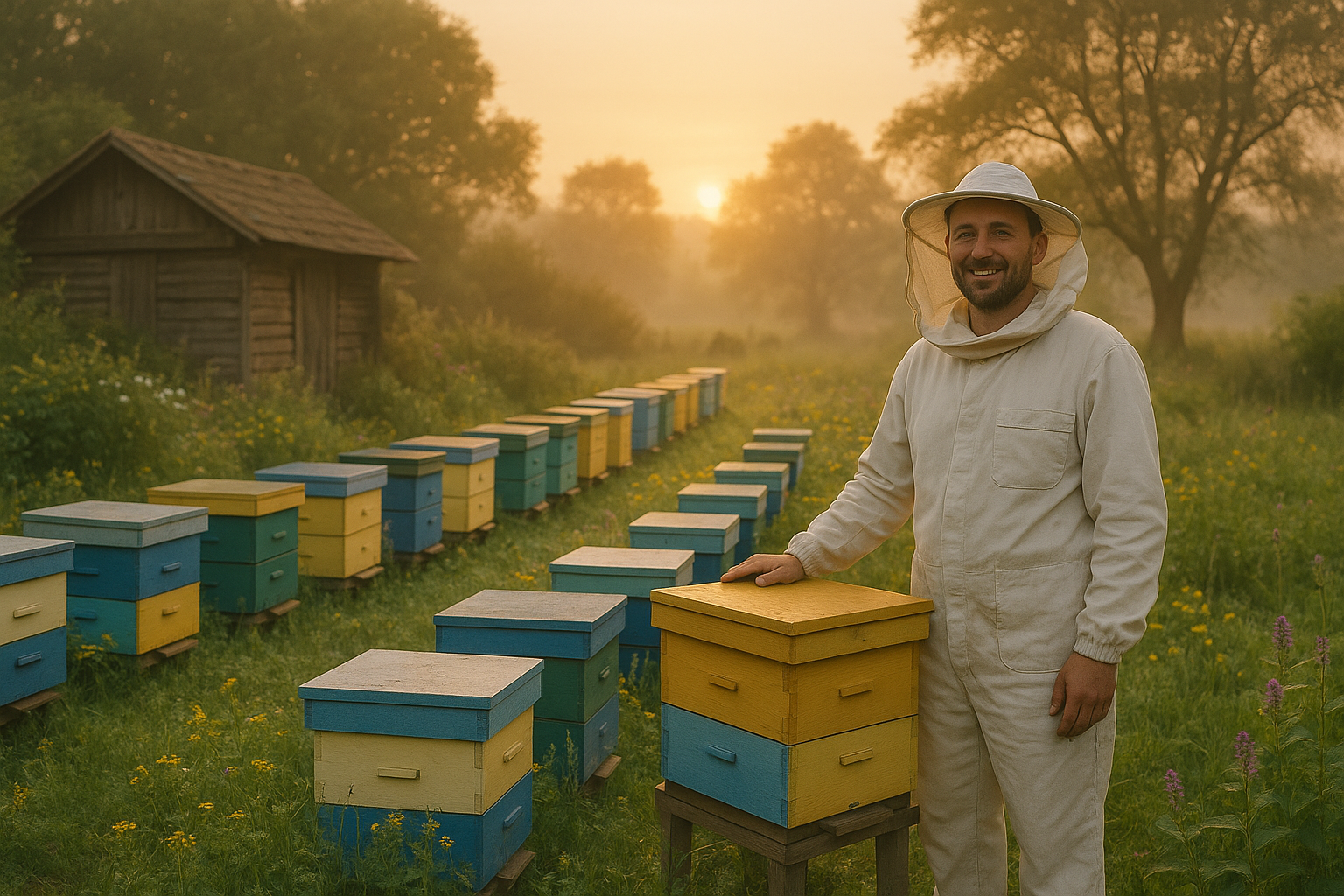 Éleveur apicole local présentant ses ruches colorées dans un jardin fleuri