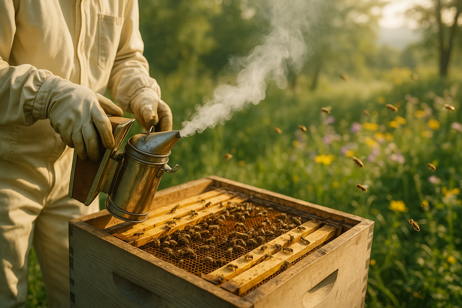 Utilisation d'un enfumoir traditionnel près d'une ruche