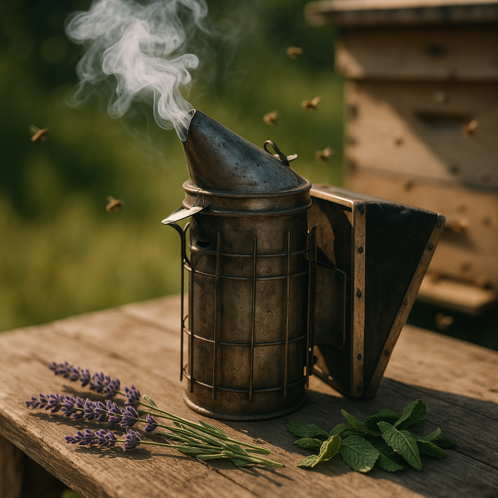 Enfumoir apicole avec tiges de lavande et feuilles de menthe sur une table en bois.