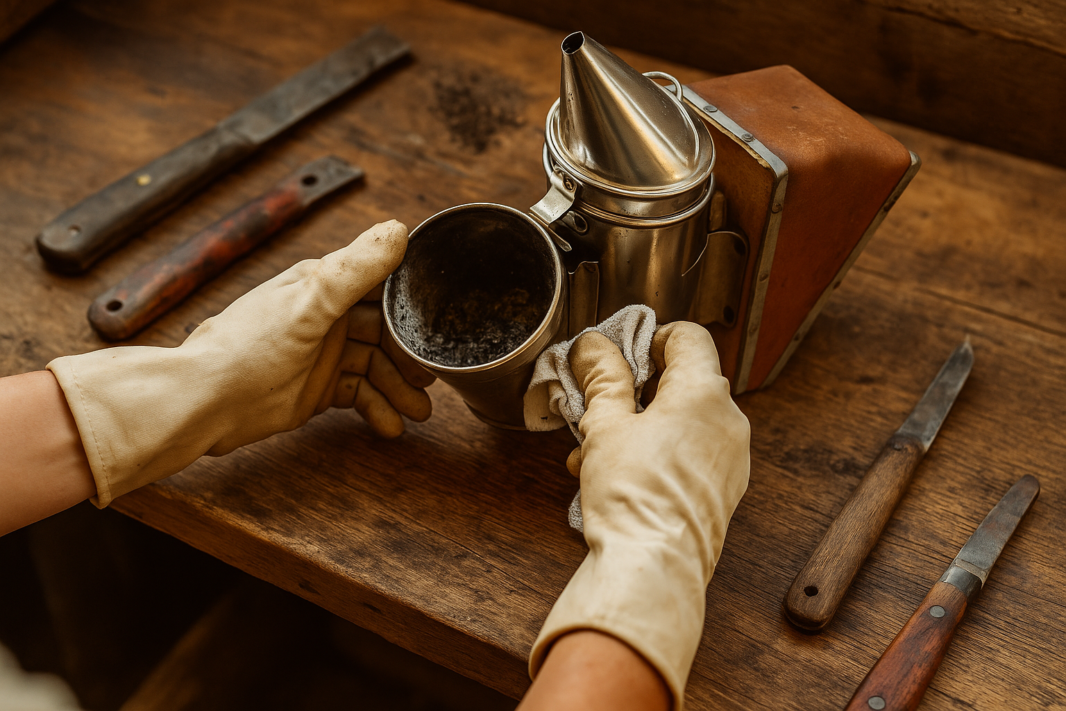 Nettoyage manuel d'un enfumoir sur établi apicole