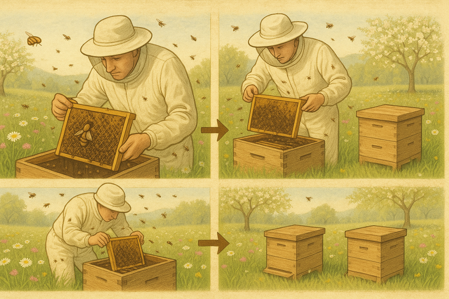 Schéma illustrant les étapes de la division d'une ruche