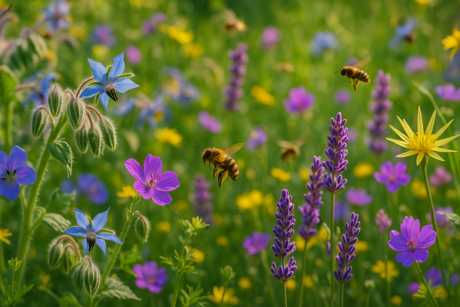 Jardin fleuri avec lavande, bourrache et salsifis des prés, fréquenté par des abeilles.