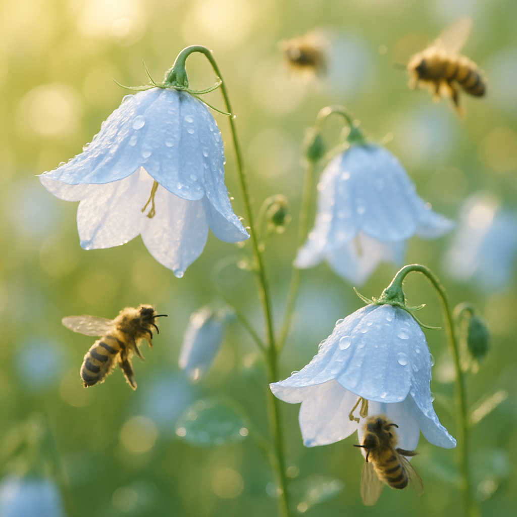 Gros plan sur des fleurs de campanule à feuilles rondes avec des abeilles.