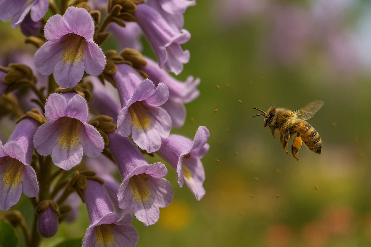 Gros plan sur les fleurs mauves du paulownia avec une abeille en vol