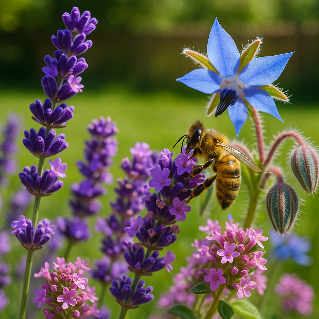 Close-up de fleurs mellifères avec des abeilles pollinisant, créant un environnement favorable à la biodiversité.