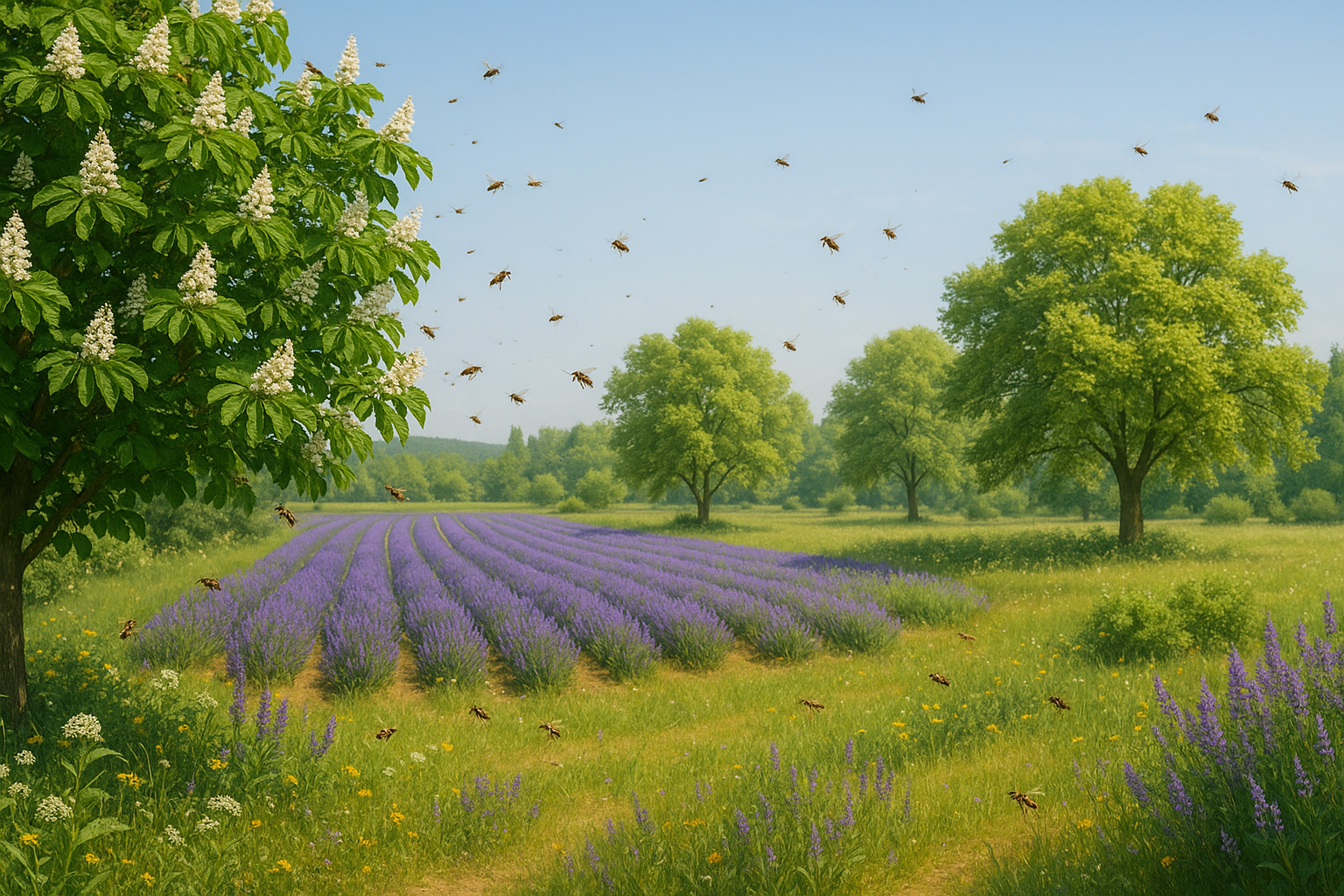 Champ avec lavande, châtaignier et tilleul en fleurs au mois de juin