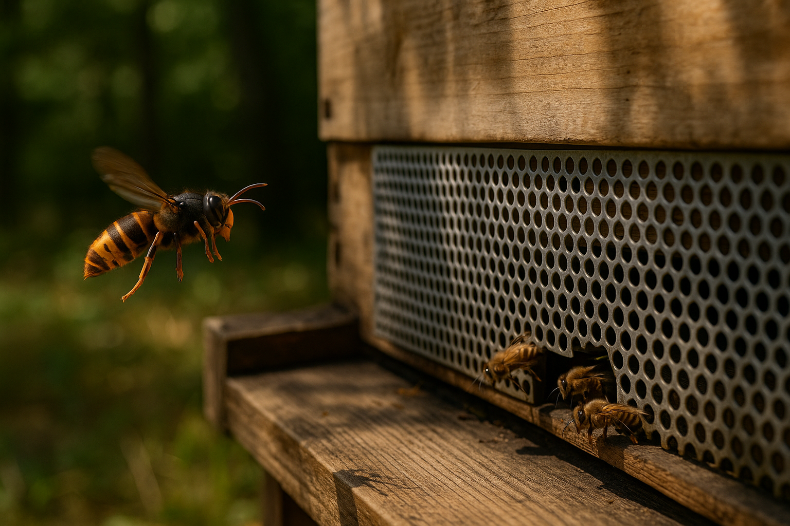 Frelon asiatique près d'une ruche équipée d'une grille de protection