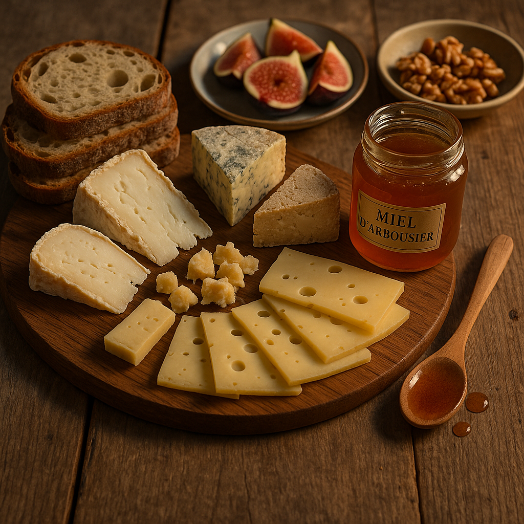 Planche de fromages avec pain et pot de miel d'arbousier sur une table en bois avec ambiances chaleureuses.