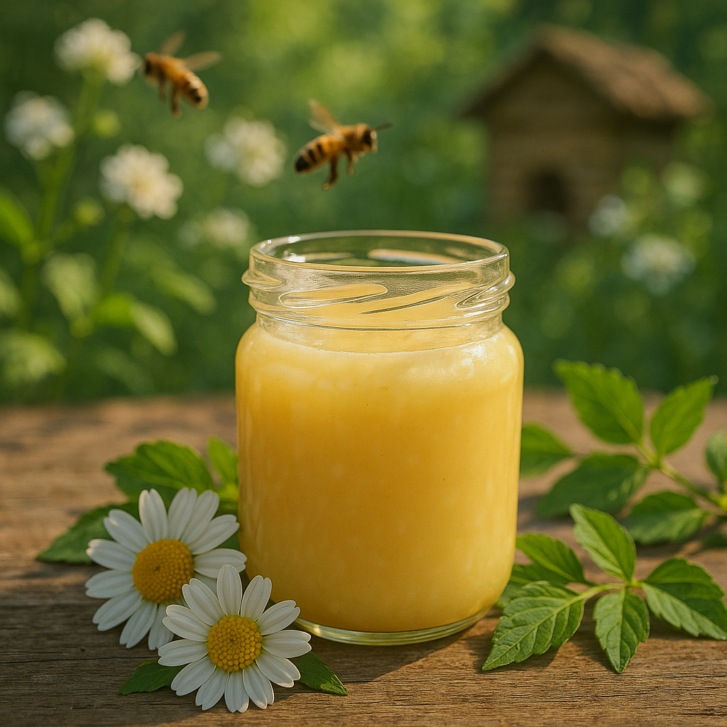 Pot de gelée royale avec des éléments naturels entourants