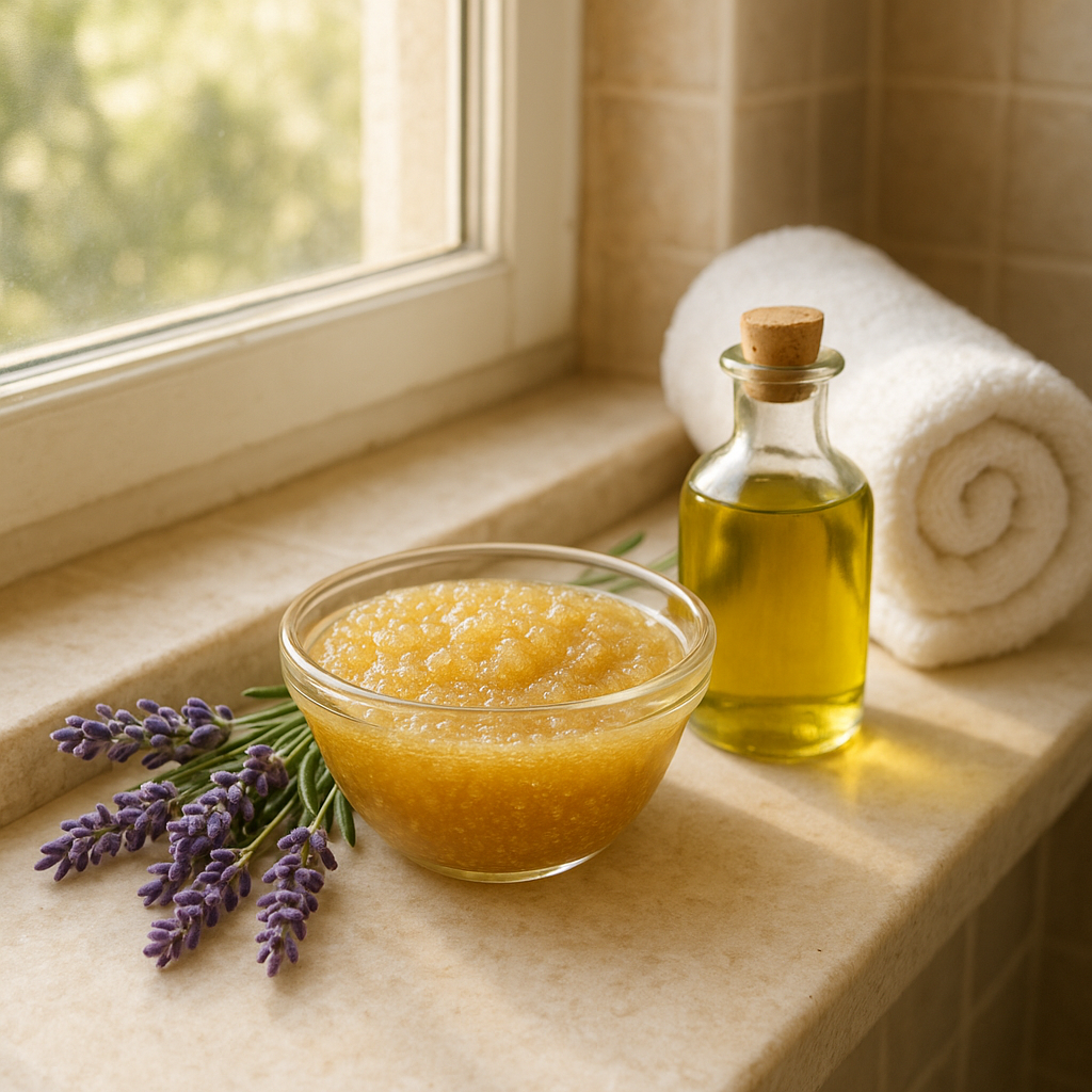 Bol de gommage au miel de lavande sur un rebord de fenêtre, entouré de fleurs de lavande et d'une bouteille d'huile d'olive.