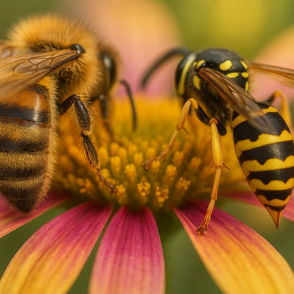 Différences physiques entre abeille et guêpe : gros plan sur leurs abdomens.