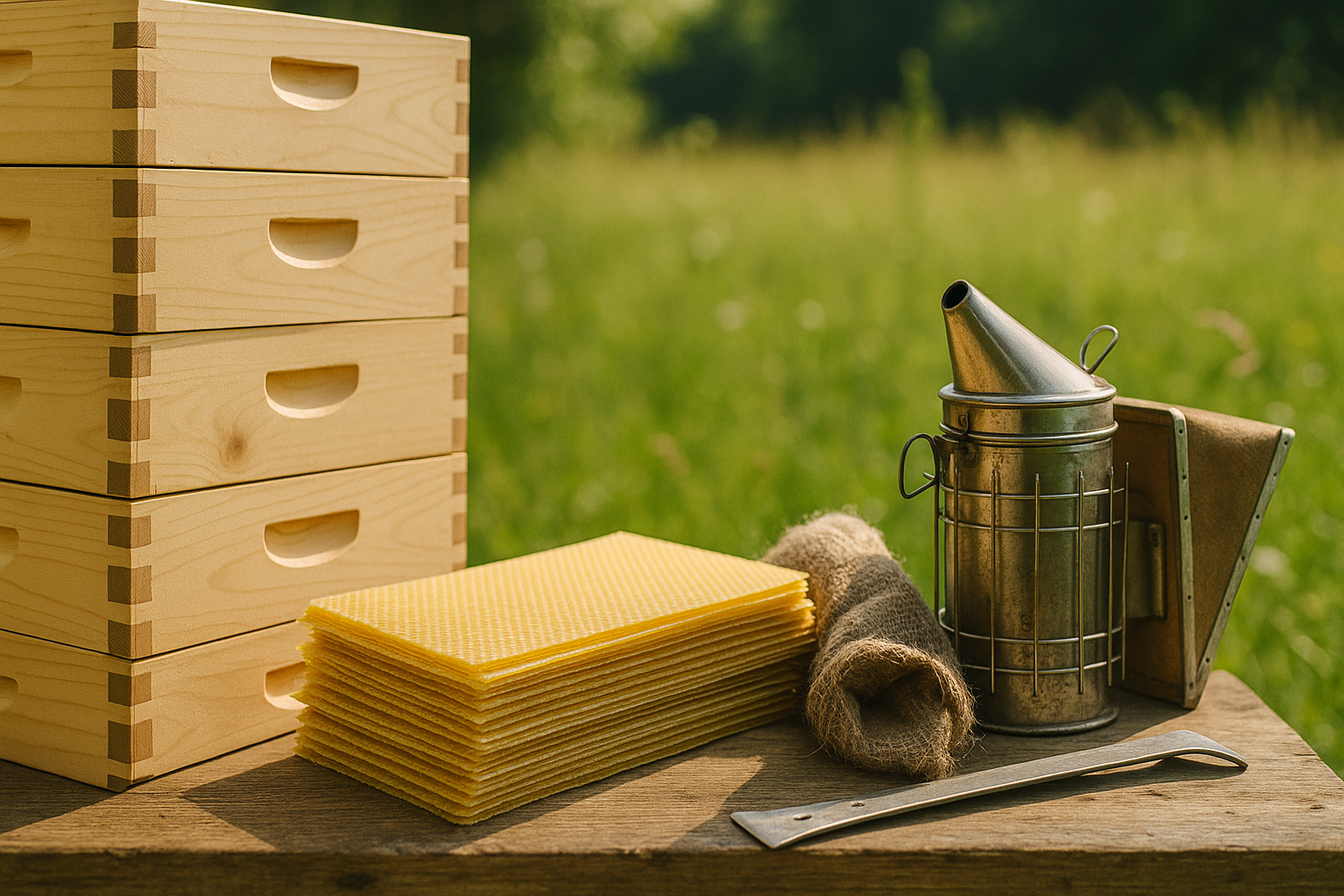 Matériel de ruche en bois brut et cire certifiée bio