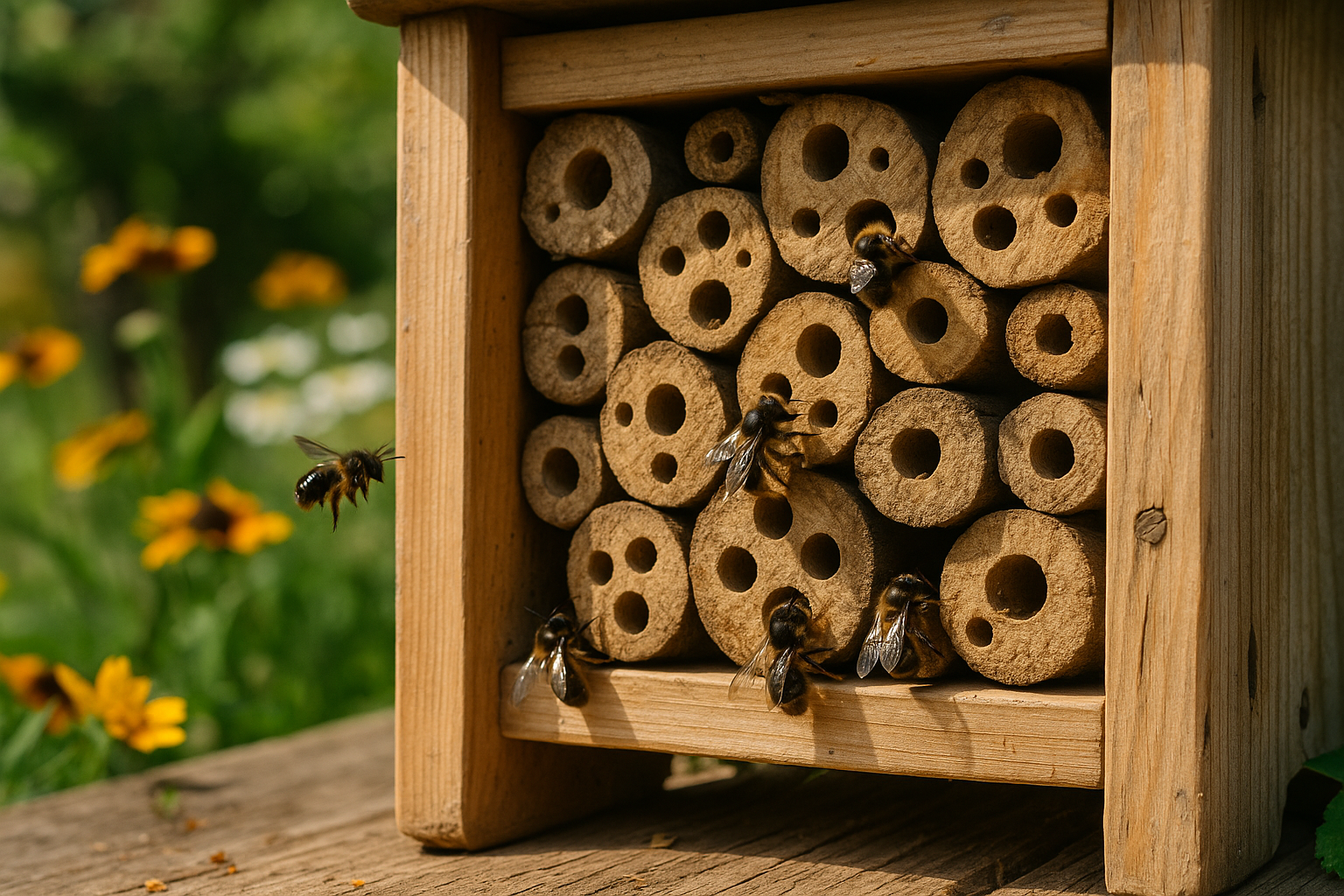 Hôtel à insectes dans un jardin accueillant des abeilles solitaires