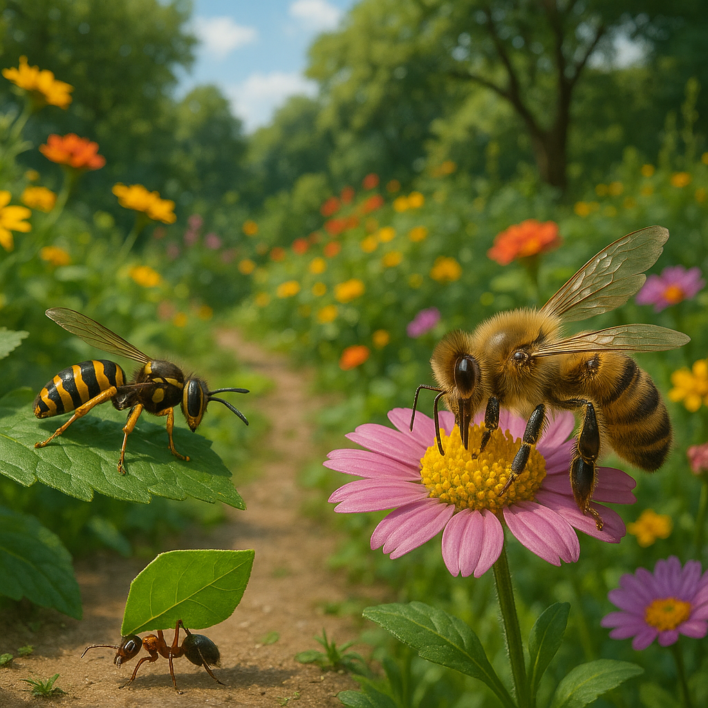 Groupe d'hyménoptères dans un jardin, illustrant leur rôle essentiel dans la pollinisation et l'équilibre écologique.