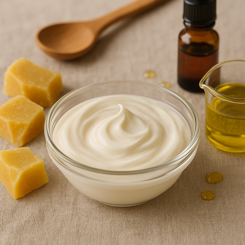 Ingrédients naturels pour la préparation d'une crème visage maison, incluant cire d'abeille et huile d'olive.