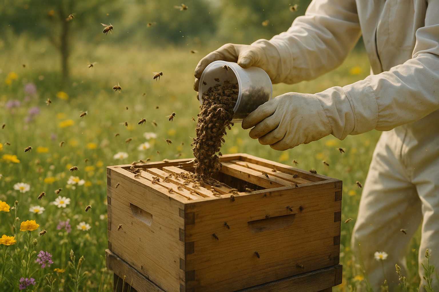 Introduction d'un essaim dans une ruche par un apiculteur